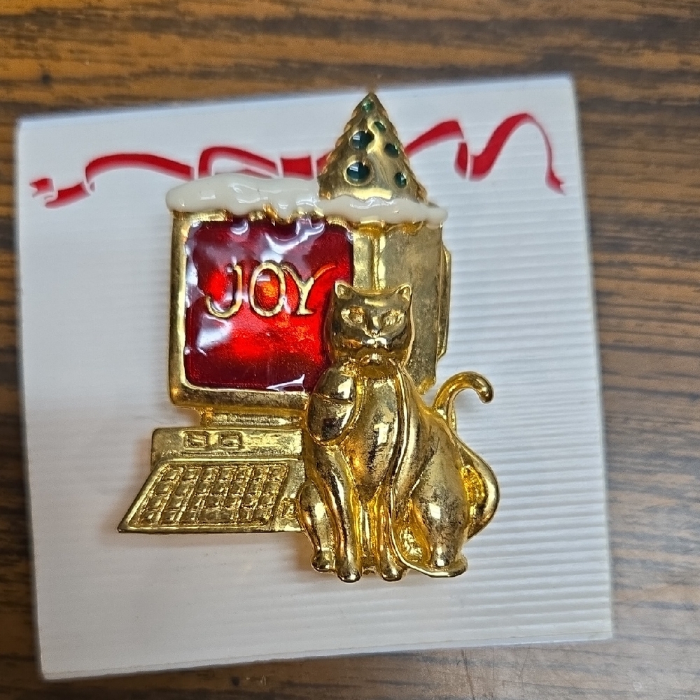 Holiday Gold Cat and Computer Brooch